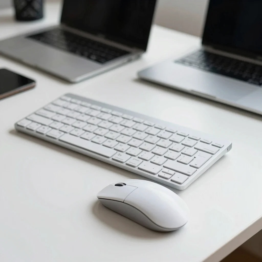 Fotografia editorial de teclado e mouse sobre mesa de escritório