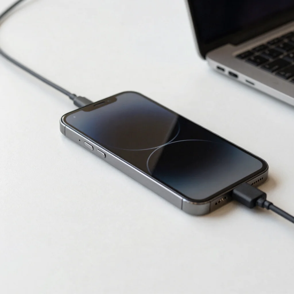 Fotografia editorial de um smartphone e carregador USB-C sobre me